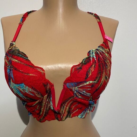 PINK Victoria's Secret Women's Red Floral Racerback Date Push Up Bra Size Small - Picture 1 of 10